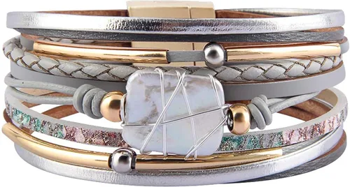 Vista 31 de Fesciory - Pulsera de leopardo para mujer, estilo bohemio de cuero multicapa con perlas de cristal