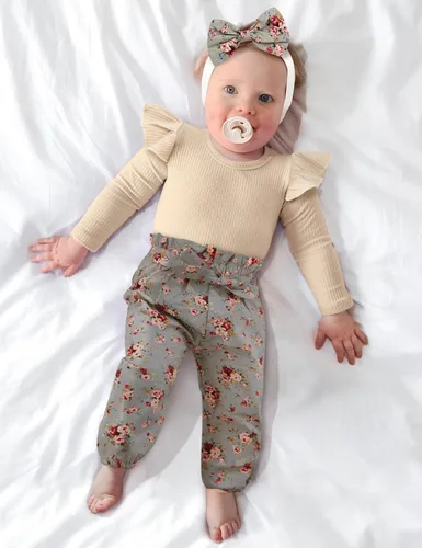 Vista 3 de KANGKANG Ropa de bebé recién nacida, mameluco acanalado con mangas con volantes + pantalones florales + diadema lindo traje de bebé niña 3 piezas