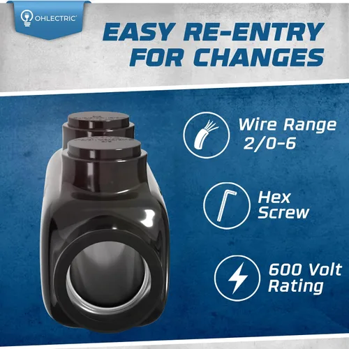 Vista 3 de OHLECTRIC Conector de empalme en línea - 2/0-6 AWG - Conector aislado negro - Tornillo hexagonal Allen 3/16 - Revestimiento resistente