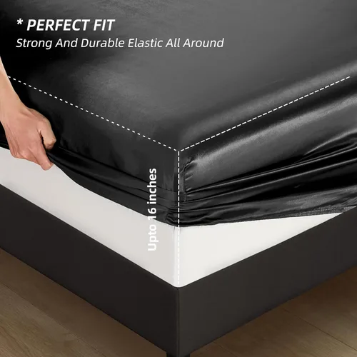 Vista 6 de Juego de sábanas de satén de 4 piezas de color negro tamaño individual, juego de ropa de cama de satén sedoso negro con 1 sábana encimera de satén