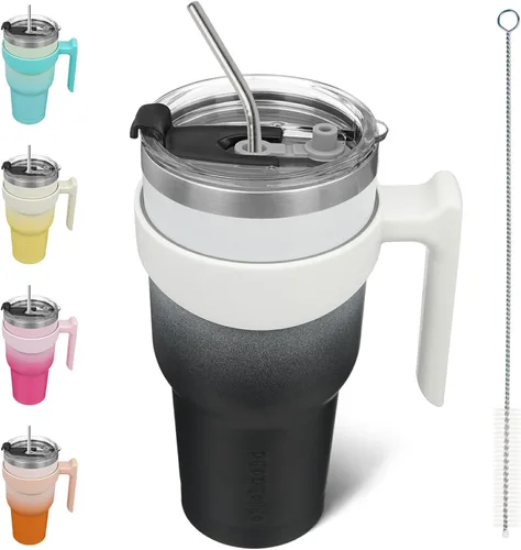 Vista 35 de BJPKPK Mini vaso de 10 onzas con tapa, popote y asa, taza de acero aislada