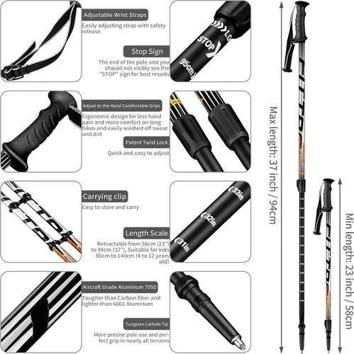 Vista 3 de FitTrek Bastones de senderismo para niños – Bastones nórdicos ultraligeros – Bastones telescópicos de trekking plegables para niños, paquete de 2