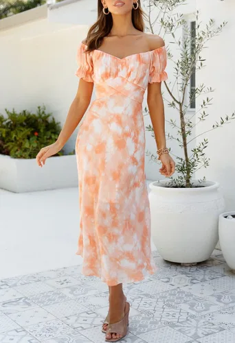 Vista 2 de Linsery - Vestido largo con hombros descubiertos para mujer, cóctel, fiesta, boda, formal, vestido por debajo de la rodilla, con vuelo