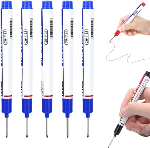 Vista 11 de 5 Pack Long Head Deep Hole Marker Pens, 2026 New 20mm Deep Reach Waterproof Construction Marking Tool, Carpenter Ink Marker Pens Metal Marking Pen