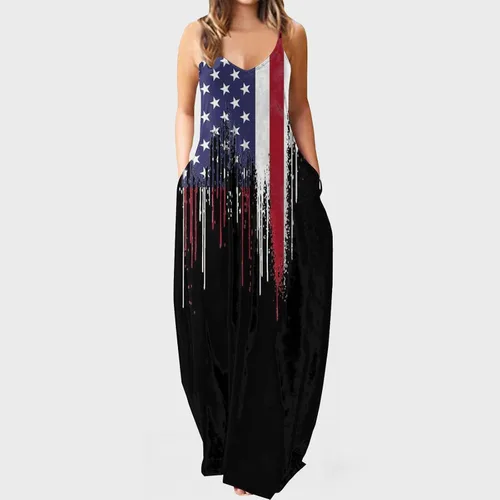 Vista 5 de PANOEGSN Vestidos largos de verano con bandera estadounidense para mujer, vestido sin mangas con tirantes delgados para el 4 de julio, vestido