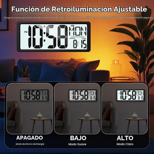 Vista 4 de XREXS Reloj de pared digital grande, funciona con pilas y retroiluminación Negro