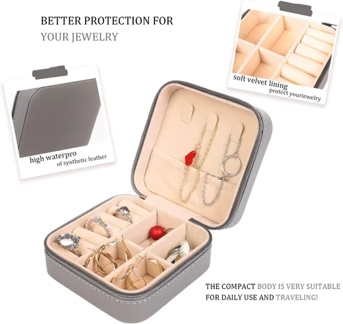 Vista 4 de KElofoN Organizador de joyas de viaje, joyero de viaje, caja organizadora de joyas pequeña para niñas y mujeres (1, gris completo)