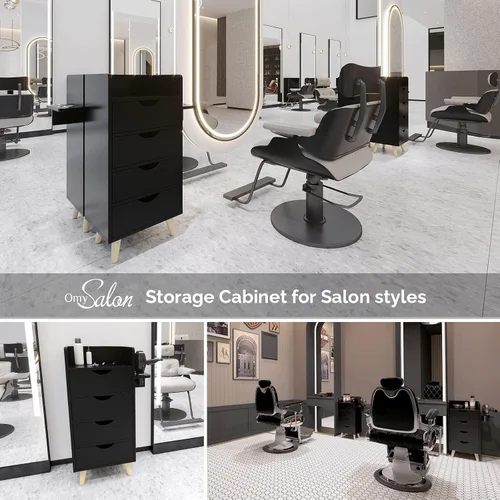 Vista 4 de OmySalon Armario de almacenamiento de 4 capas, equipo organizador de estación de peluquería de belleza, juego de estación de estilista con 2 Negro
