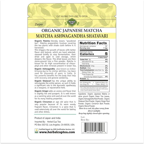 Vista 2 de Herbal Cup Té Orgánico Japonés Matcha Ashwagandha Shatavari, 2oz