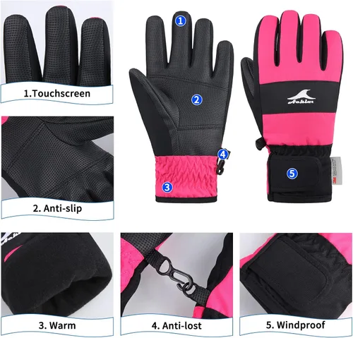 Vista 2 de Achiou Guantes de esquí para niños, guantes de nieve de invierno impermeables para niños, guantes de snowboard cálidos para pantalla táctil