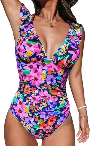 Vista 23 de CUPSHE Traje de baño de una pieza para mujer, con cuello en V, fruncido y Negro