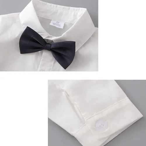 Vista 49 de IDOPIP Trajes de otoño e invierno para niños pequeños, camisa de manga larga con corbatín + chaleco + pantalones largos, overoles