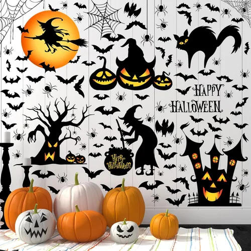Vista 10 de Haull 6 hojas de calcomanías de pared de Halloween, calcomanías de pared reutilizables para ventana de Halloween, acuarela, bruja, murciélagos