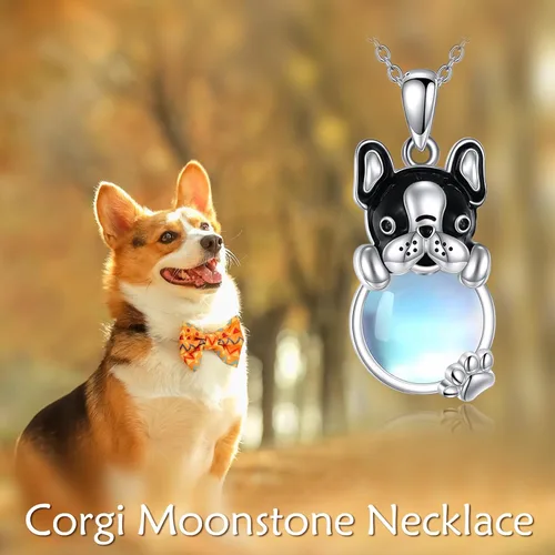 Vista 3 de KQF Collar de plata de ley con diseño de gato y bulldog francés, vacapanda, lindo animal con piedra lunar, regalo de joyería para mujeres y niñas