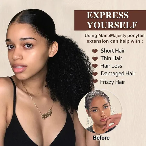 Vista 4 de Extensión de cola de caballo de cabello humano de 12 pulgadas con cordón rizado profundo para mujeres negras, extensión rizada 3C, color negro