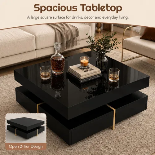 Vista 7 de Mesa de centro moderna con almacenamiento, mesa de centro cuadrada contemporánea con cajones, mesa central moderna de alto brillo para sala de Negro