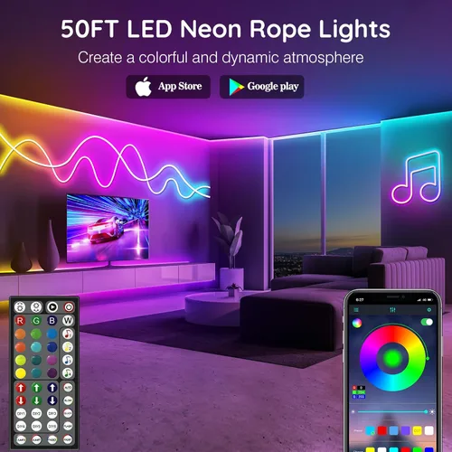 Vista 2 de Luces de cuerda LED de neón 15.2m, control con aplicación/control remoto, luces de cuerda flexibles, tira de neón LED de múltiples modos, luces LED