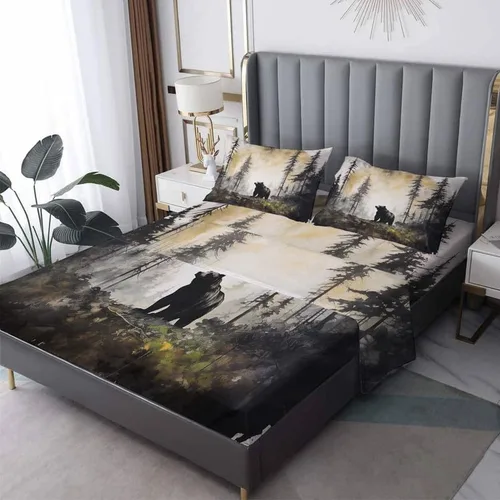 Vista 10 de Bear Sheets - Juego de sábanas de tamaño individual, sábanas de animales del bosque de dibujos animados, microfibra suave y bolsillo profundo
