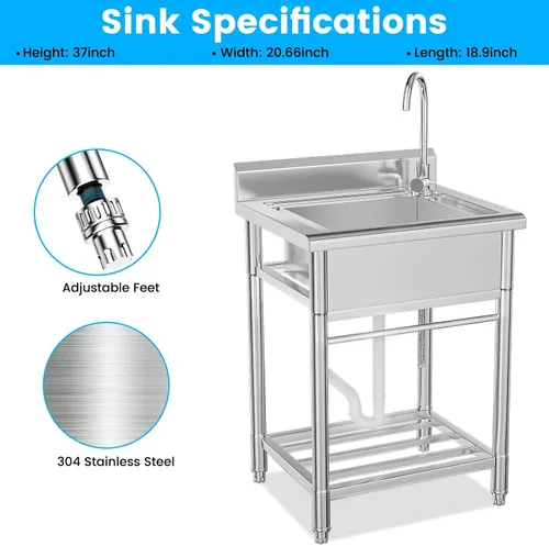 Vista 6 de Lafati Fregadero de acero inoxidable – Fregadero de cocina independiente de un solo tazón certificado NSF con agua fría y caliente para granja