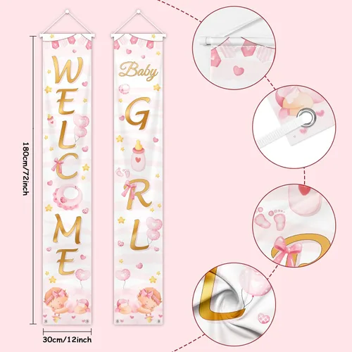 Vista 2 de MEHOFOND Letrero de bienvenida para el porche de la niña, cartel colgante de bienvenida para la puerta del bebé niña, cartel de bienvenida