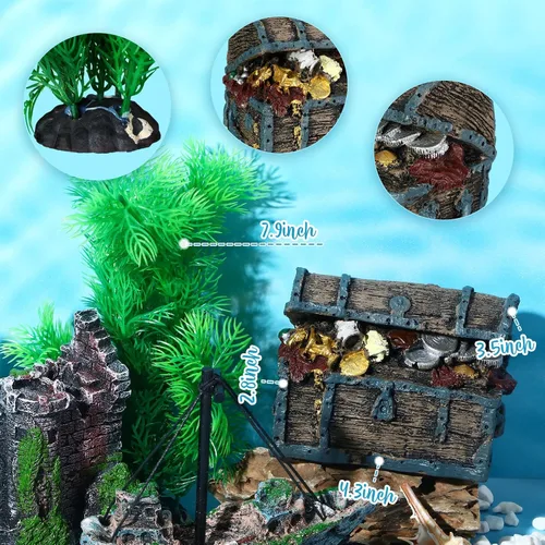 Vista 4 de Wenqik Decoraciones de Acuario Grandes, Naufragio Hundido de Resina, Cofre del Tesoro Submarino, Ruinas de Castillo Antiguo Túnel Casa, Plantas