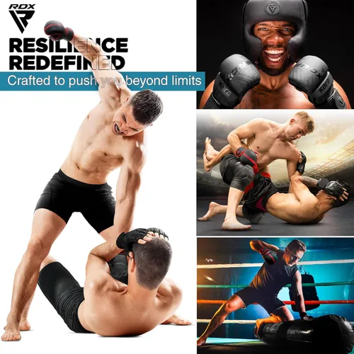 Vista 6 de Guantes RDX MMA para artes marciales, boxeo, entrenamiento de combate, guantes híbridos de palma abierta para hombres y mujeres, cuero maya hide