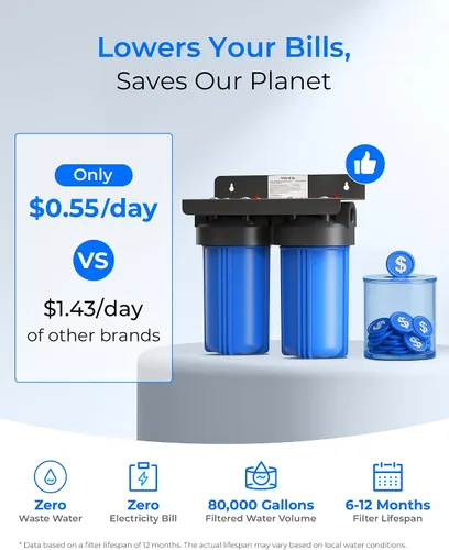 Vista 8 de Waterdrop Sistema de filtro de agua para toda la casa de 2 etapas, con filtro de sedimentos de metales pesados y anti-incrustaciones, reduce