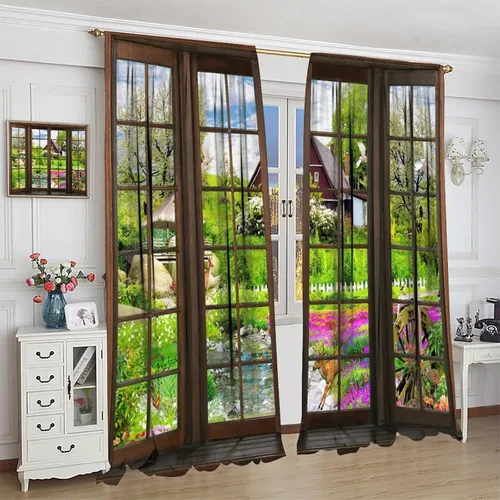 Vista 65 de Cortinas de paisaje, ventana 3D, primavera, bosque, vida silvestre, paisajes de naturaleza, dormitorio, sala de estar, cortinas térmicas opacas de 2