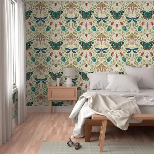 Vista 5 de Muestra de papel tapiz extraíble – insecto damasco insecto botánico grande Jumbo polilla mariposa bosque hongo beige verde azul papel pintado