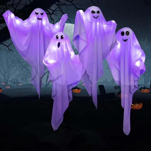 Vista 4 de Paquete de 4 fantasmas colgantes de Halloween con luces LED, decoraciones de fantasmas iluminados de 27.5 pulgadas para interiores y exteriores