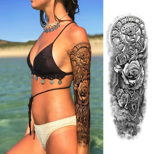 Vista 6 de Mangas de tatuajes temporales, 12 hojas (19 x 7 pulgadas) tatuajes temporales de brazo completo, tatuajes de manga para hombres y mujeres adultos