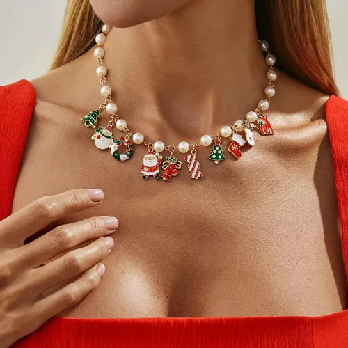 Vista 4 de Christmas Jewelry Set for Women - Christmas Earrings, Bracelet, Necklace Trio & Pearl Necklace with Festive Pendant Festive Holiday Party Jewelry