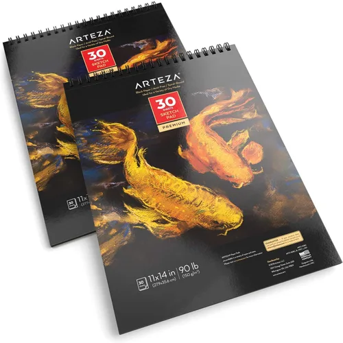 Vista 2 de ARTEZA Cuaderno de bocetos en espiral de 11 x 14 pulgadas, bloc de dibujo de papel de arte negro, paquete de 2 unidades de 30 hojas para dibujar
