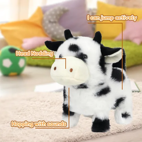 Vista 2 de Easfan Walking Black Cow - Juguete electrónico interactivo de peluche para mascotas con sonidos y movimientos en movimiento, juguete educativo