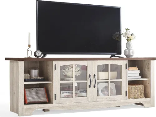 Vista 15 de LINSY HOME Soporte de TV estilo granja para TV de 65 pulgadas, centro de entretenimiento de madera con gabinete de almacenamiento con puerta