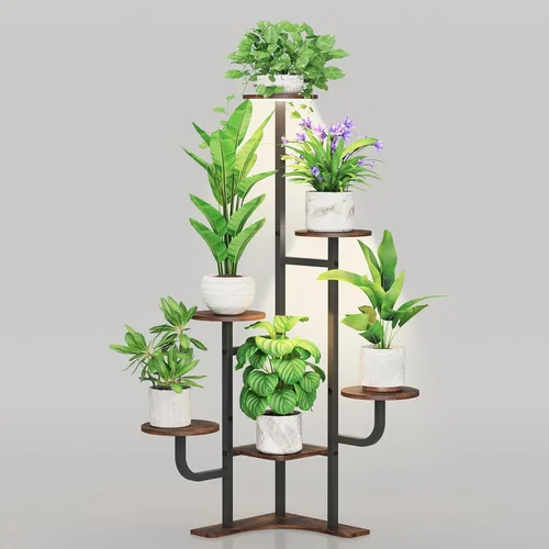 Vista 9 de Homsorout Soporte de esquina para plantas con luz de crecimiento, soporte para plantas de 6 niveles, estante redondo de metal para plantas con luz