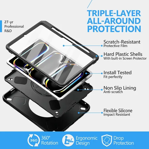 Vista 6 de Funda para iPad Pro 11 M5 2025/M4 2024: Funda protectora para iPad Pro de 11 pulgadas 5ª generación con protector de pantalla, soporte, asa y correa