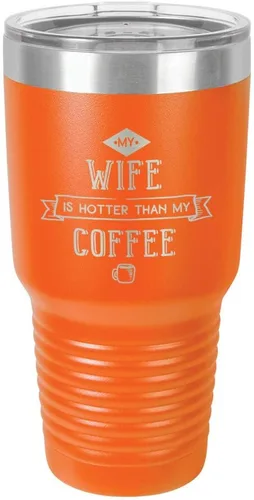 Vista 13 de Taza de viaje de acero inoxidable con popote y tapa superior deslizante My Wife Is Hot Than My Coffee Black de 30 onzas