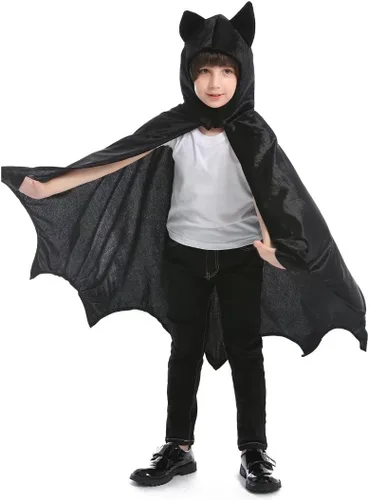 Vista 3 de OLLULL Disfraz de superhéroe para cosplay, capa de murciélago para niños y niñas, disfraz de superhéroe de Halloween, color negro