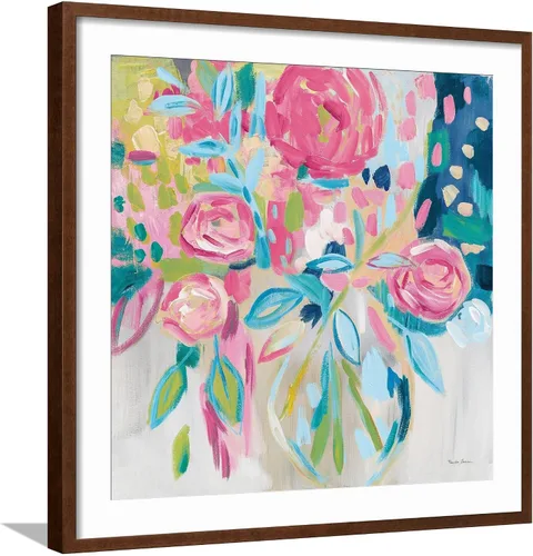 Vista 6 de ART.COM Farida Zaman - Lienzo enmarcado para pared, diseño floral rosa de verano, decoración botánica, 16 x 16 pulgadas, marco negro con paspartú