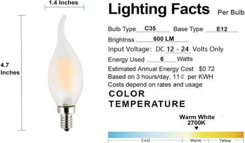 Vista 3 de Bombilla LED de bajo voltaje de 12 voltios, CA/CC 12 V, 6 W 600 Lm, regulable, luz blanca cálida, base pequeña E12, punta de llama de vidrio