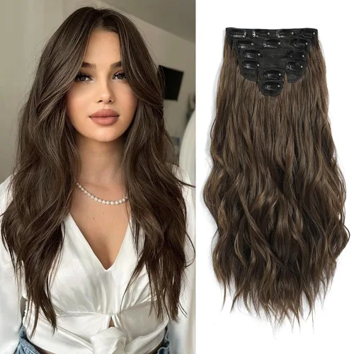 Vista 38 de Fliace Extensiones de cabello con clip para mujer, extensiones de cabello ondulado largo de color marrón medio, extensiones de cabello sintético