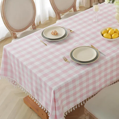 Vista 7 de Alsoo Mantel cuadrado de cuadros rosa de 55 x 55 pulgadas, mantel lavable a cuadros, tela de lino y algodón resistente para verano, al aire libre