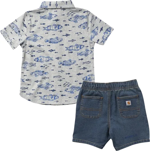 Vista 2 de Carhartt Conjunto de camisa de manga corta con estampado de peces y pantalones cortos de mezclilla para bebés