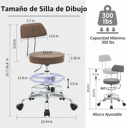 Vista 2 de FIRAVOE Silla de dibujo de oficina (taburete de oficina rodante) (reposapiés de altura ajustable, silla de masaje de 19.5 a 26.6 pulgadas), taburete
