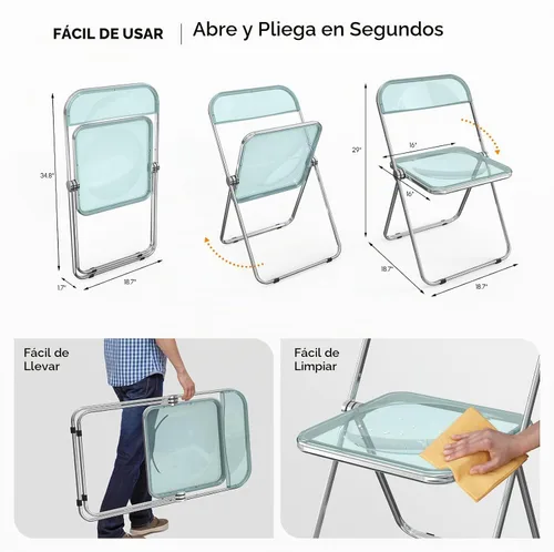 Vista 3 de VINGLI Paquete de 2 sillas plegables de acrílico, silla transparente plegable y apilable, panel de plástico y marco cromado de metal, capacidad