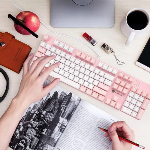 Vista 6 de Teclado mecánico con cable Interruptor marrón Diseño de 104 teclas de EE. UU. Intercambiable en caliente y silencioso Combo rosa y blanco
