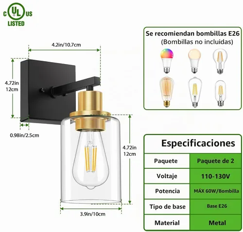 Vista 2 de Licperron Juego de 2 apliques de pared negros y dorados con pantalla de vidrio transparente, accesorios de luz de tocador mate negros, luces