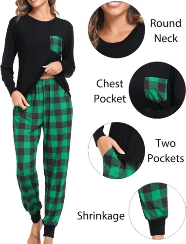 Vista 6 de SWOMOG Pijamas de Navidad para adultos, pantalones de pijama a cuadros con bolsillos, camisetas de manga larga para parejas y familia