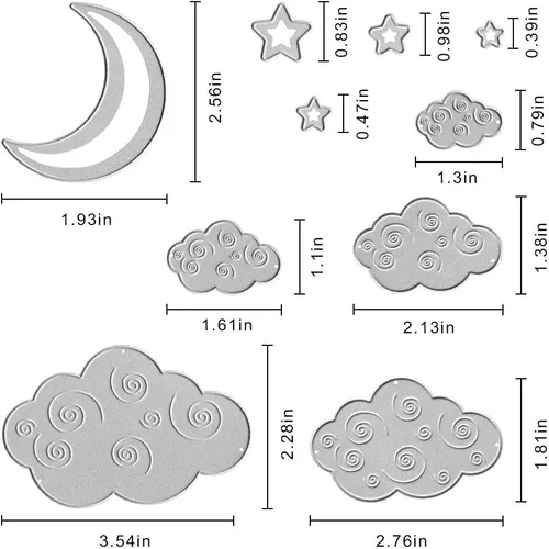 Vista 2 de Troqueles de corte de luna de metal, diseño de nubes, estrellas, plantillas en relieve, molde de plantilla para álbumes de recortes y manualidades